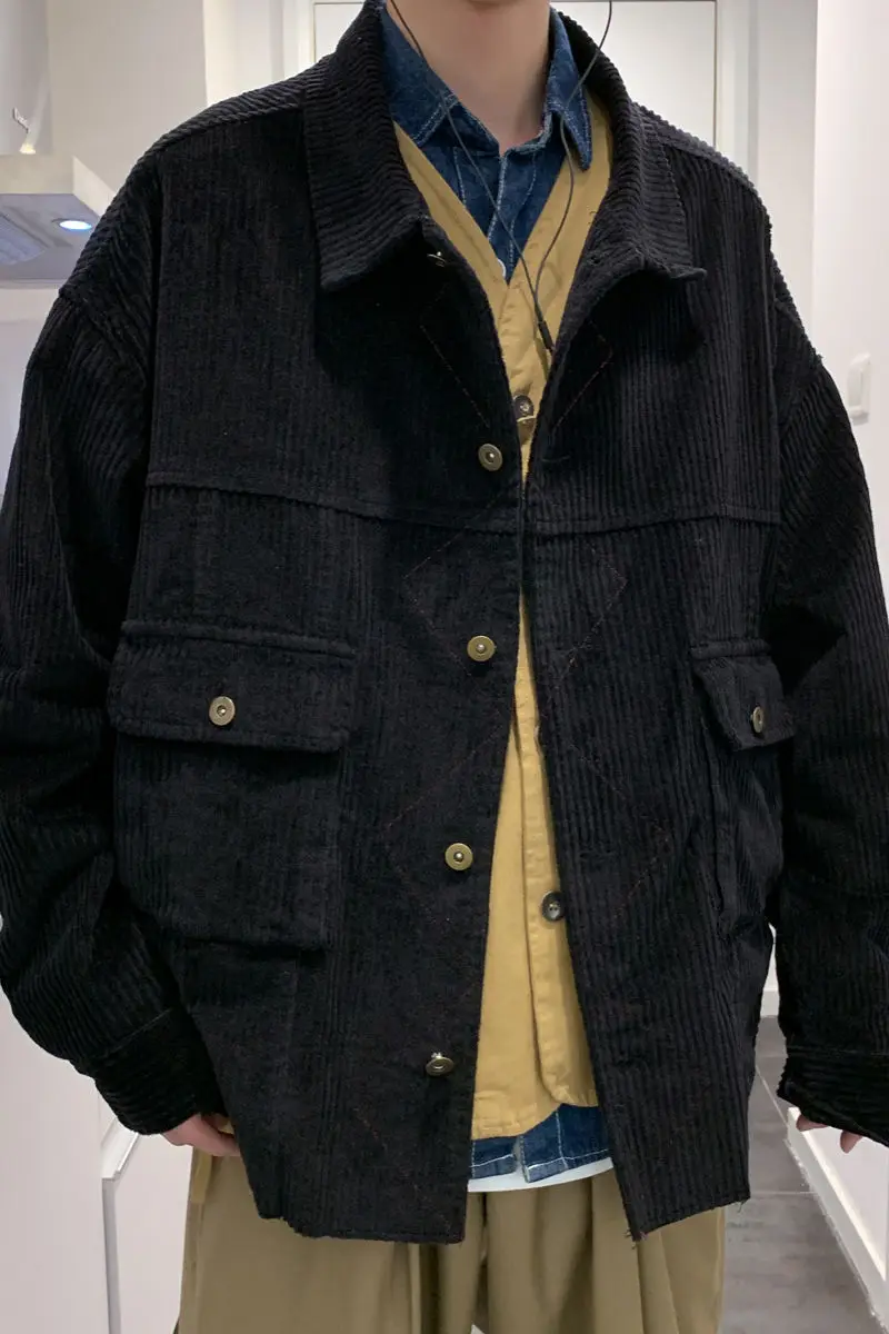 

2020 Spring And Autumn New Youth Popular Japanese Loose Large Size Solid Color Large Pocket Jacket Fashion Casual Corduroy Top