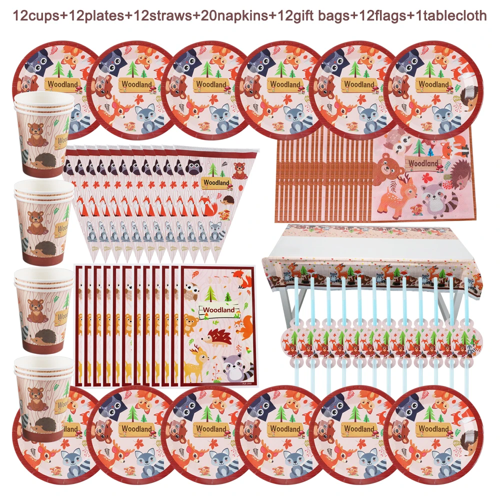 

81Pcs Woodland Animal Disposable Cup Plates Straws Tablecloth Napkins Tableware Birthday Party Decoration Baby Shower Gift