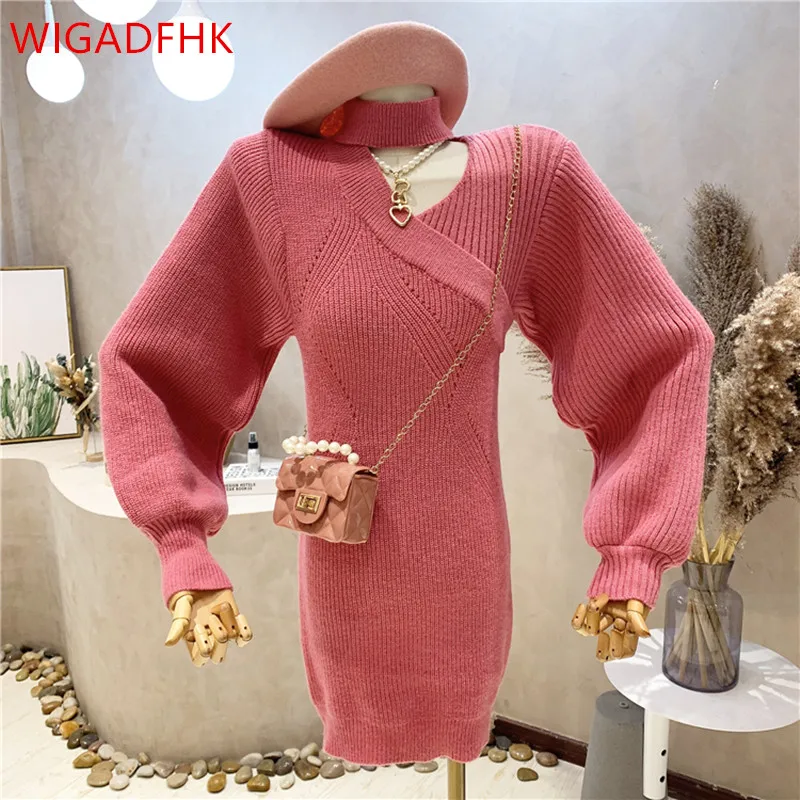 

Elegant Bomen's Knitted Dress For Fall/winter 2021 New Fashion Irregular Halterneck Strapless Korean Slim Sweater Dress