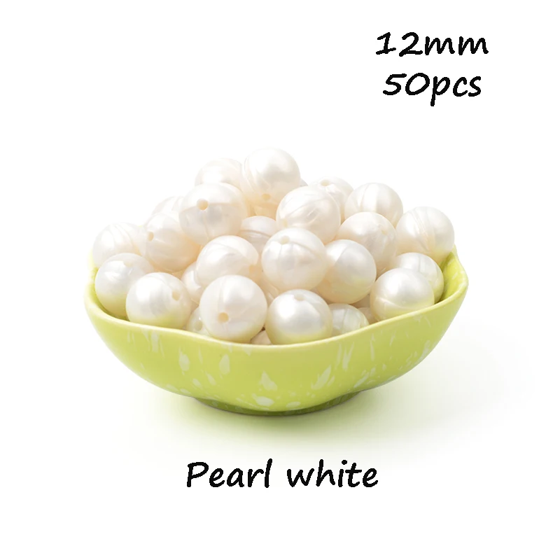 Pearl white LOFCA, 12 мм, 50 шт./лот, бусины из пищевого силикона, Прорезыватель для зубов, круглые бусины, Детская жевательная для прорезывания зубов, Силиконовые Прорезыватели для самостоятельного изготовления - Цвет: Pearl white