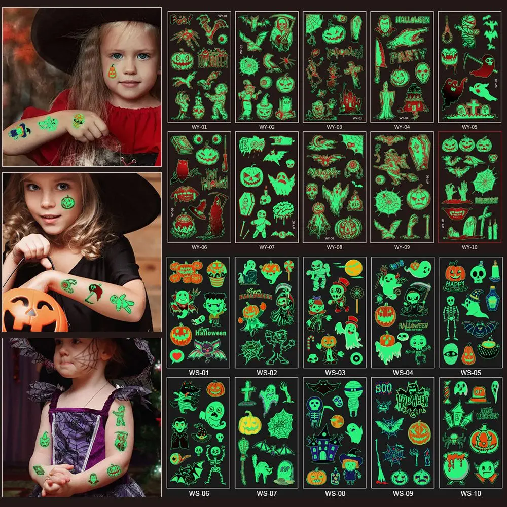 

10PCS New Face Arm Leg Glow In Dark Child Children Kid Halloween Luminous Temporary Tattoo Stickers Fake Tattoos