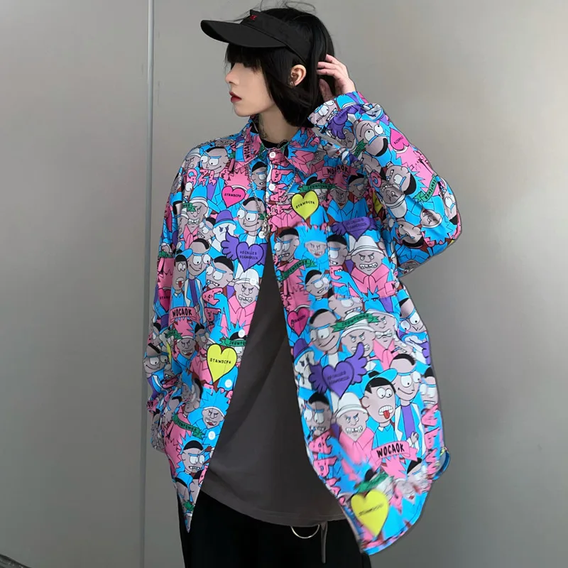 

Autumn Korean Long Sleeve Shirt Women Exaggerated Cartoon Printed Loose Shoulder Street Irregular Bottom Harajuku Blouse Tops