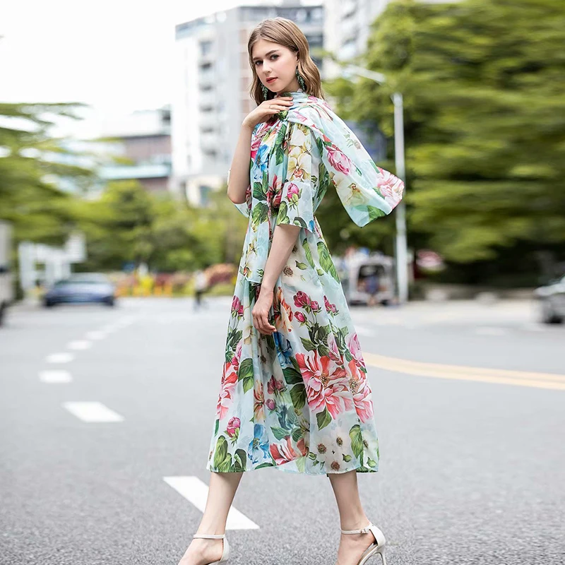 Turevoker High Street Designer Runway Dress Women's Half Sleeve Floral Printed With Sashes Midi Casual Resort Dresses