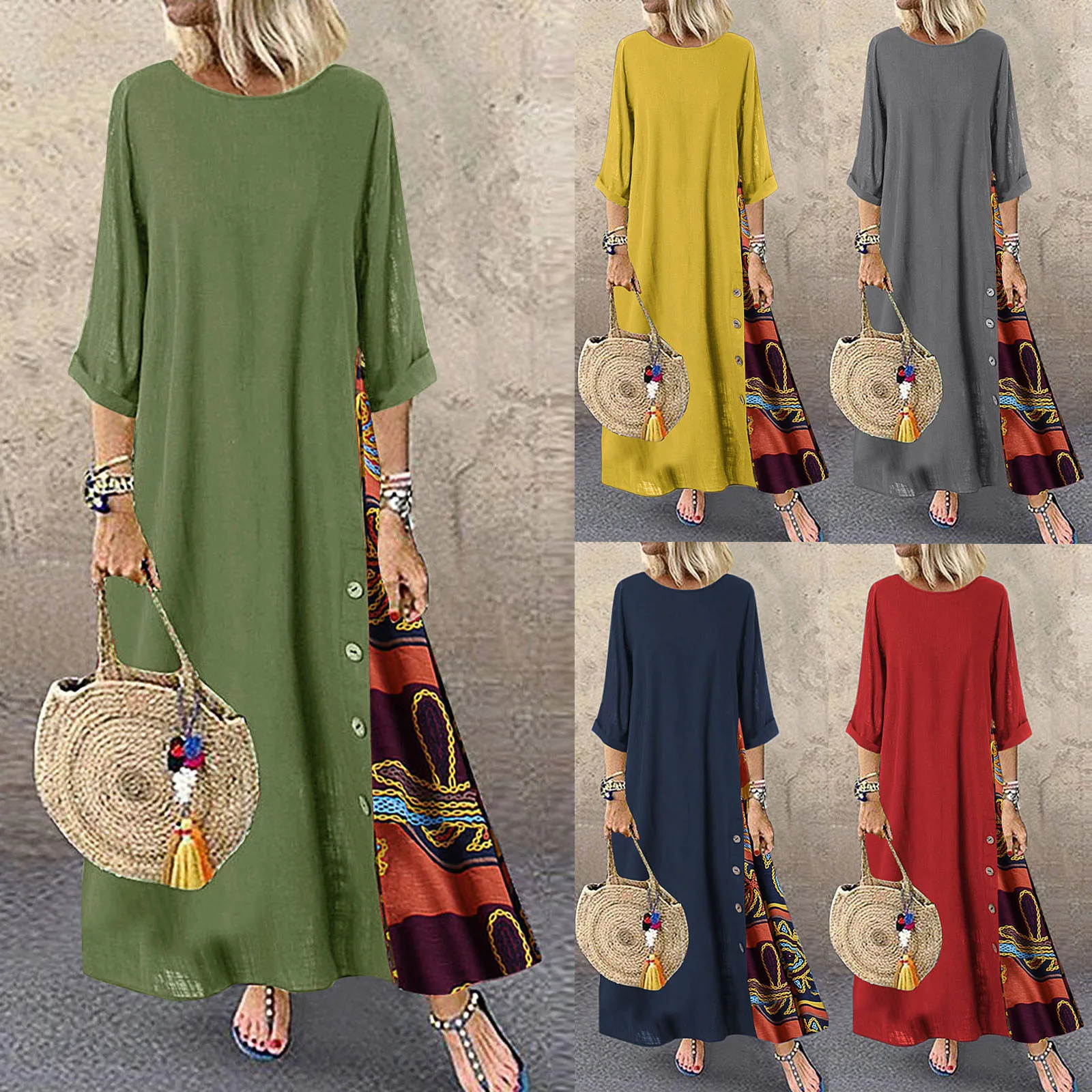 

2021 Women's Casual Patchwork Long-sleeved Dress O-neck Button High and Low Hem Plus Size Dress Women Retro Bohemian Style Dress