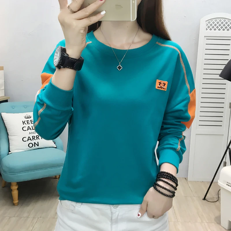 

T Shirt Women Cotton Long Sleeve Tees 2021 Autumn Bright Line Decoration Casual O-Neck Female Tshirts Korean Style Poleras Mujer