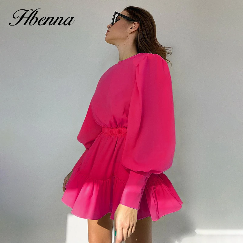 

Hbenna Lantern Sleeve A-line Shirts Dress Elegant Solid Color Lady Party Dress Women Mini Long Sleeve Pleated Hem Fashion Dress