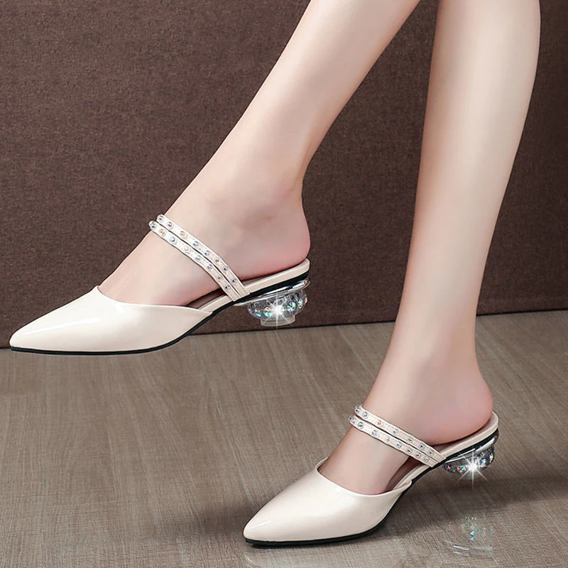 

Сланцы стразы из искусственной кожи, однотонные заостренные Нескользящие офисные туфли на низком каблуке, летние повседневные уличные тап...