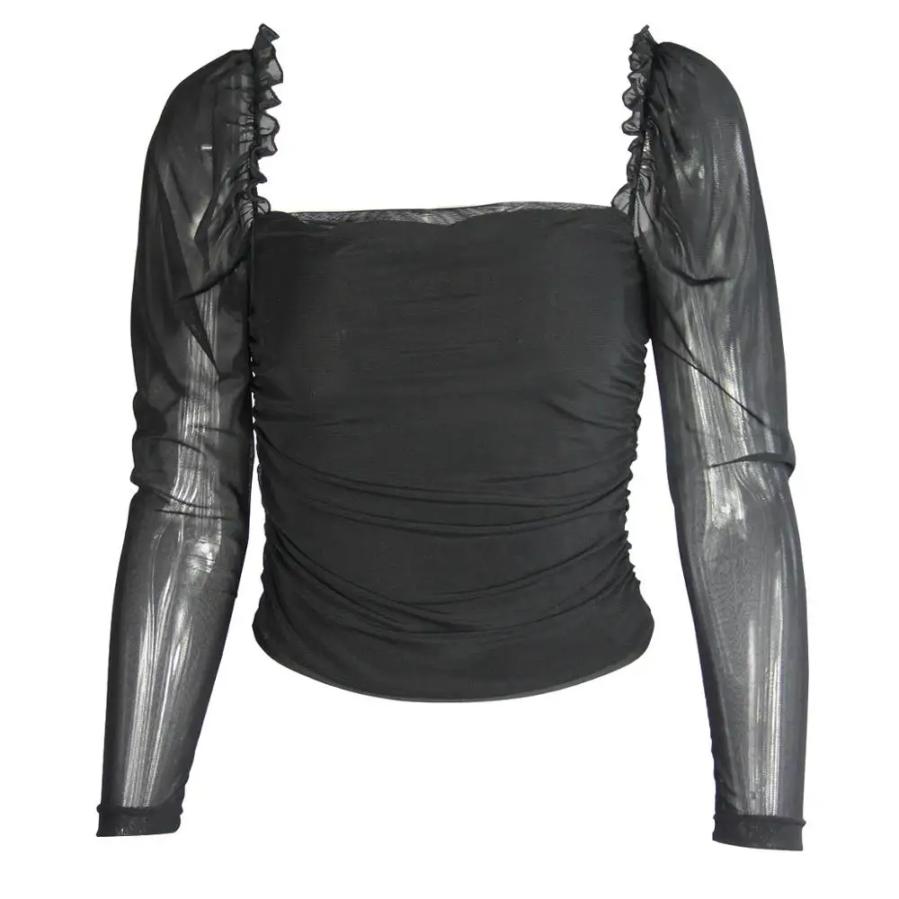 

Gtpdpllt Sexy Mesh T shirt Women Long Puff Sleeve See-through Tops Party Slim t-shirt ropa mujer Women t shirts