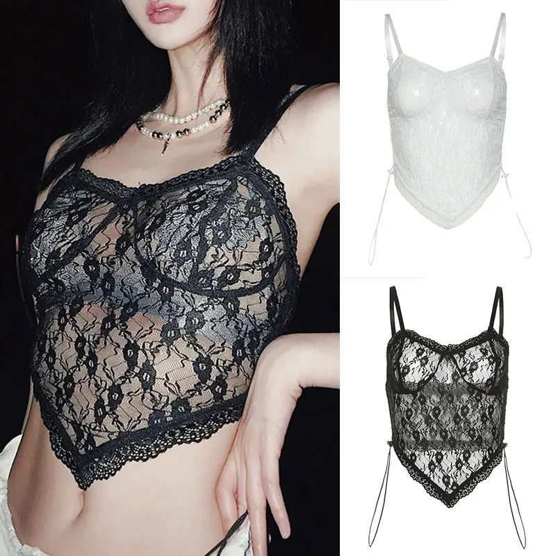 

1 PCS Women Fashion Sexy Lace Tank Tops Clubwear T-Shirt Mesh Crop See Through Sleeveless Charm Dark Vest Tees Tunic Hot Sale