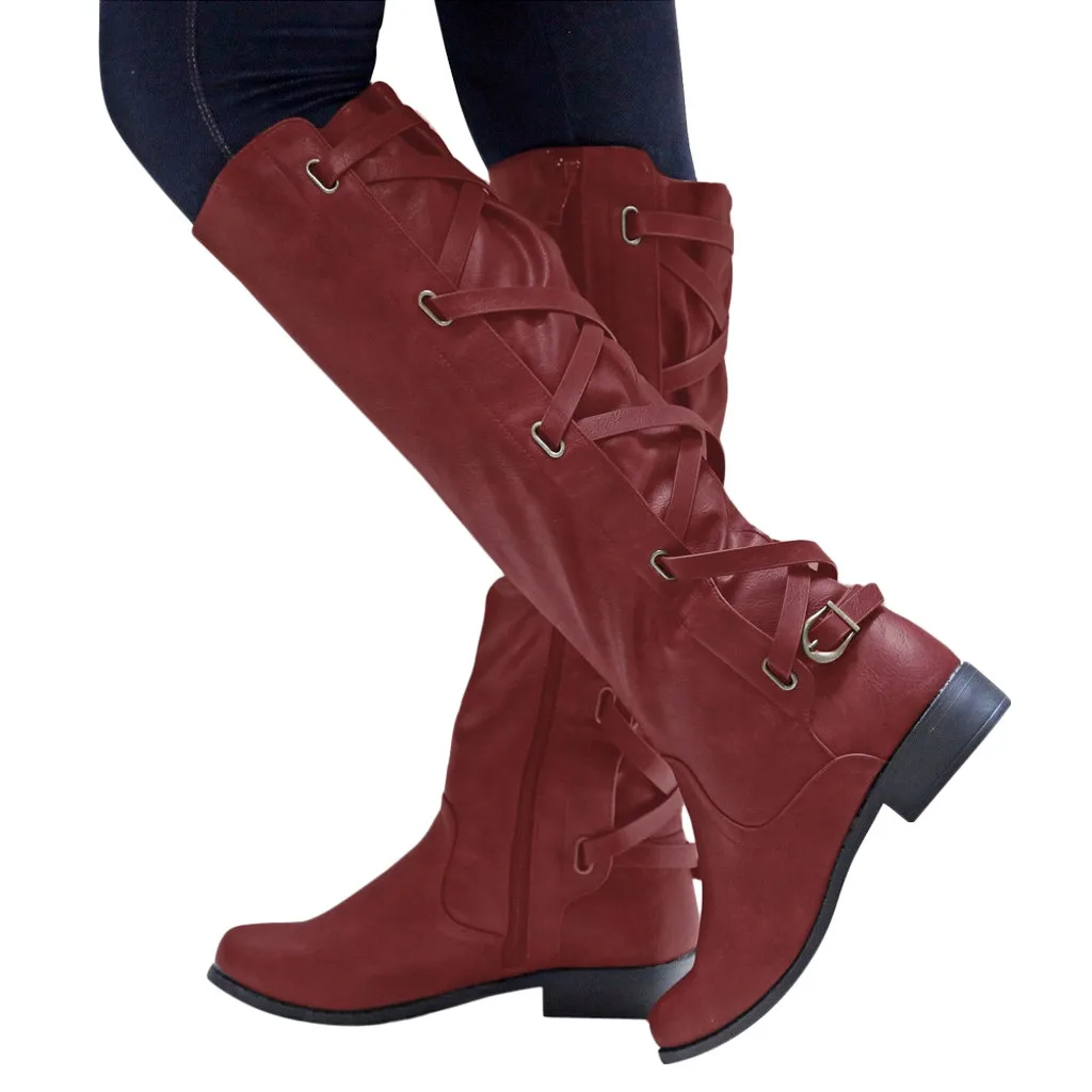 Обувь; женские ботинки; zapatos de mujer; женские ботинки; зимние высокие сапоги до колена с перекрестными ремешками; Теплая обувь в ковбойском стиле