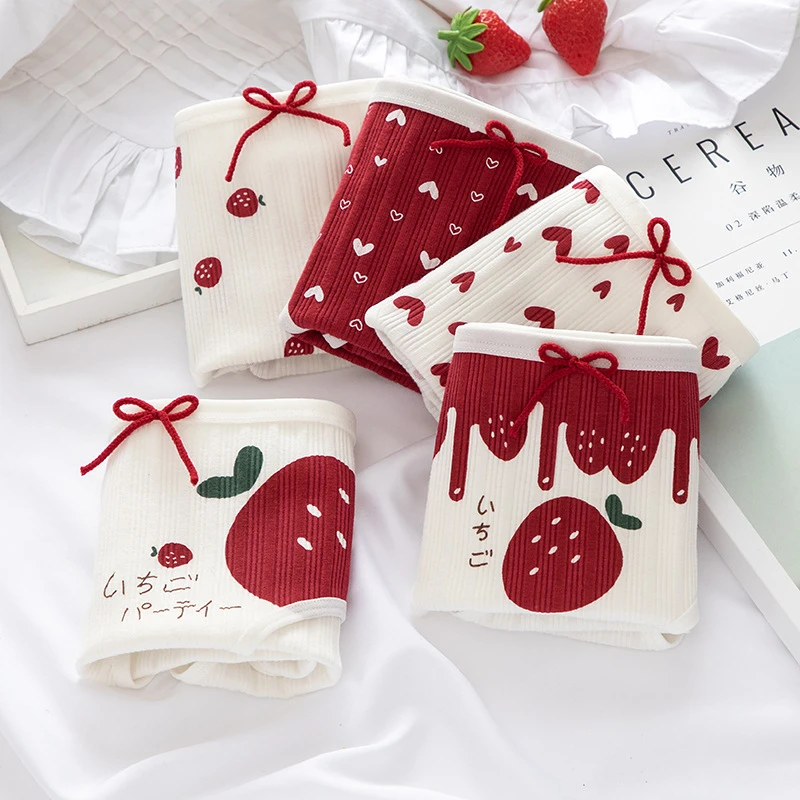 

3/5pcs Cotton Panties Female Underpants Sexy Women Underwear Soft Breathable Lingerie Briefs Strawberry Love Hearted Print Panty