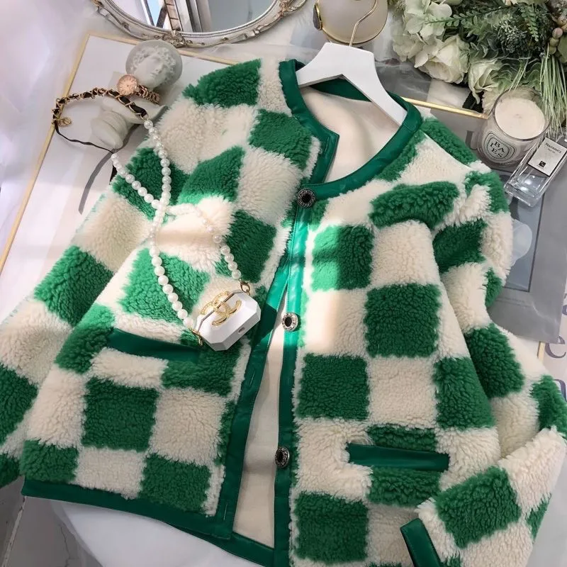 

Checkerboard Lamb Wool Coat Women Korean Fashion Soft Loose Coat Women 2022 Winter Elegant Green Thick Warm Outwear Female Y880