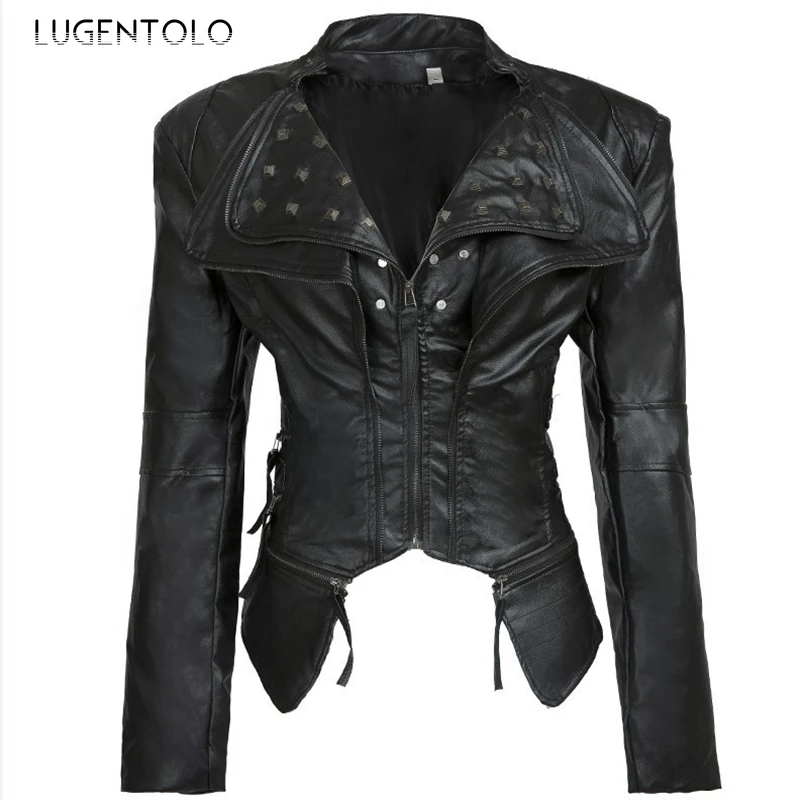 

Moto Faux Leather Women Slim PU Lapel Punk Fashion Zipper Solid Rivet Jacket Female Street Short Faux Leather Lugentolo