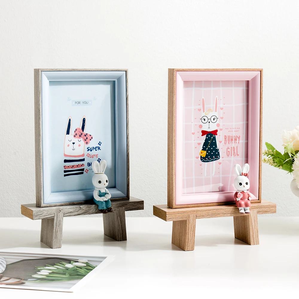 Милая мультяшная деревянная фоторамка с изображением кролика модель 6 дюймов