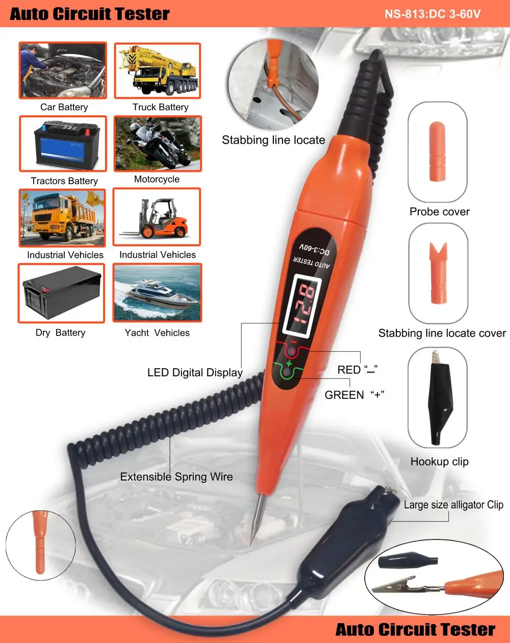 

2021 New arrive hot selling high quality 3-48V digital display auto circuit tester for Universal car