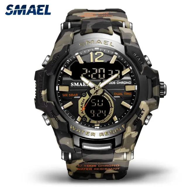 Smael sport digital watches for men army camouflage swimming wristwatch alarm clock calendar led backlight dual time watch 1805
