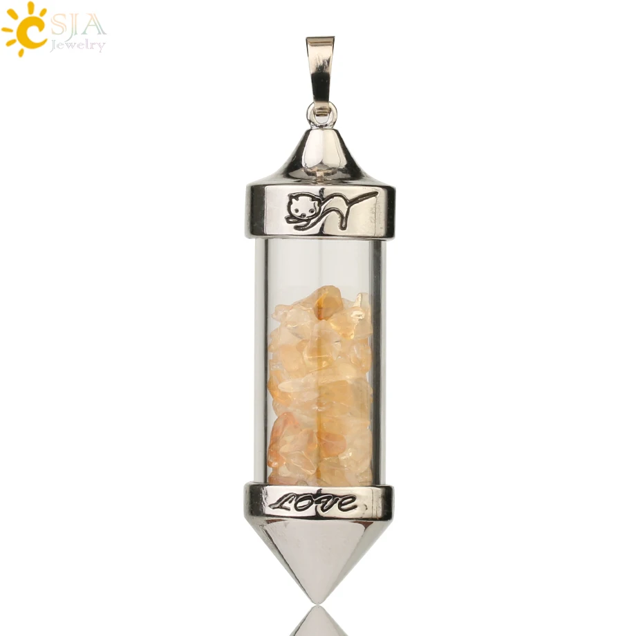 Citrine Csja желая Подвески с флаконами ожерелья натуральный камень Гравий в форме пули кулон Романтическая любовь юбилей подарок для женщин G184 - Окраска металла: Citrine