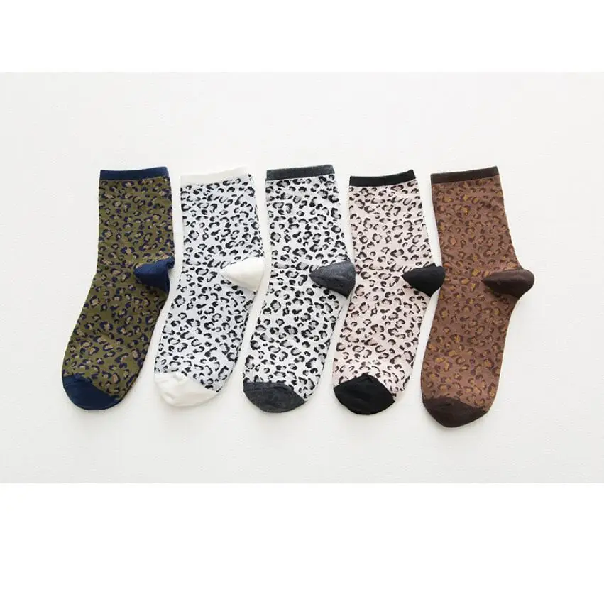 Woman Cotton Leopard Socks Girls Jacquard Sport Socks Warm Winter Short Socks Brown Leopard Ankle Socks Crew Socks 5 Pairs/ lot
