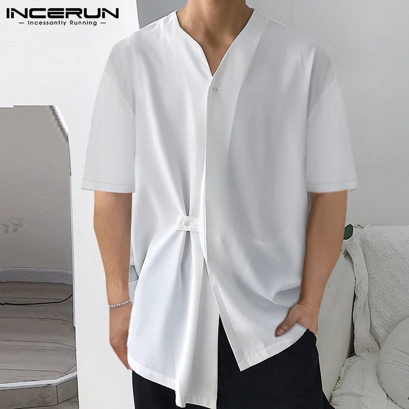 

Модная Новая мужская блузка INCERUN 2021, подходящая ко всему простая драпированная однотонная Удобная цветная рубашка с коротким рукавом