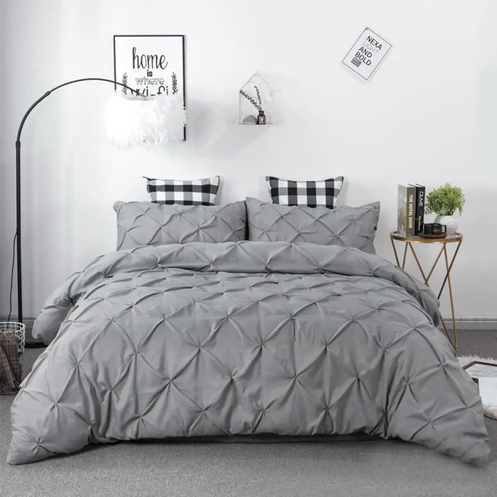 

38 Softest Bedding Kit Pleated Style Home Textile Set Pure Color Pillowcase Quilt Cover With Double Sided Storage Pockets
