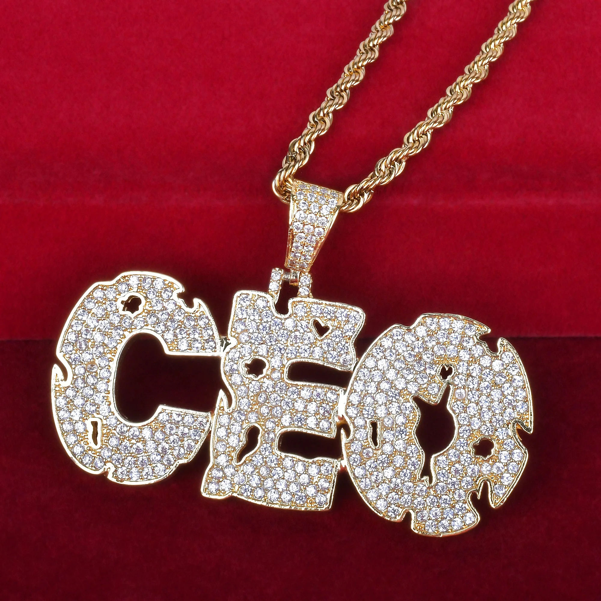 

Custom Name Copper coins hollow Letters Hip Hop Pendant Chain Gold Color Bling Zirconia Men's Hip Hop Pendant Jewelry