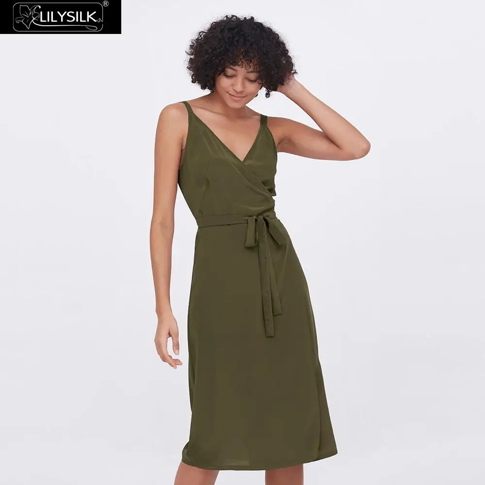 Olive Green LilySilk на пояске шелковое детское платье сексуальный модный камзол Обёрточная бумага женские; Новинка; - Цвет: Olive Green