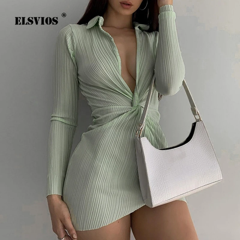 

Женское однотонное плиссированное платье, элегантное праздничное платье-мини с длинным рукавом и глубоким вырезом, с лацканами и узлом, лет...