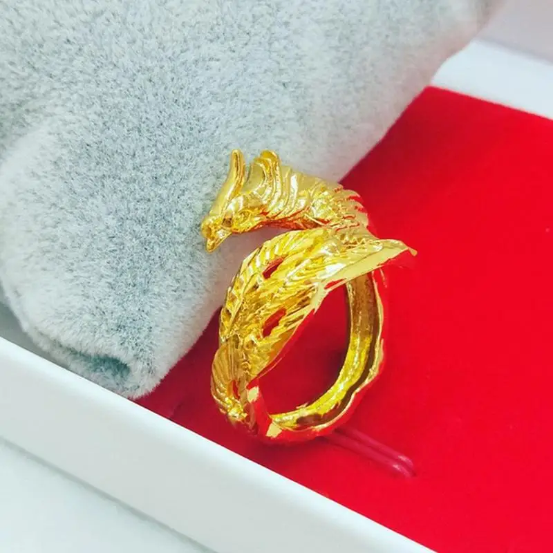 Кольцо с драконом и Фениксом для пар песочное золото открытое регулируемое