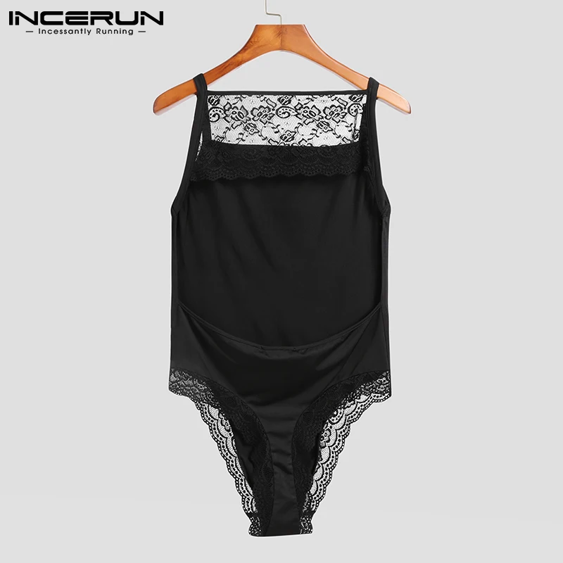 

Fashion Sexy Comfortable Rompers New Men Leisure Solid Comfortable Mesh Onesies Lace Trim Sleeveless Jumpsuit S-5XL 2021 INCERUN