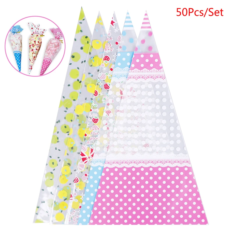 

50PCS Christmas Transparent Package Cello Cellophane Cone Sweet Candy Party Wedding Favor Gift Bags Free Ties DIY Gifts