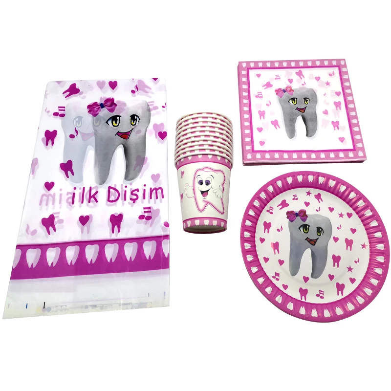 

Happy Baby Shower Girls Favors Pink First Tooth Theme Napkins Decoration Tableware Tablecloth Birthday Party Cups Plates 61pcs