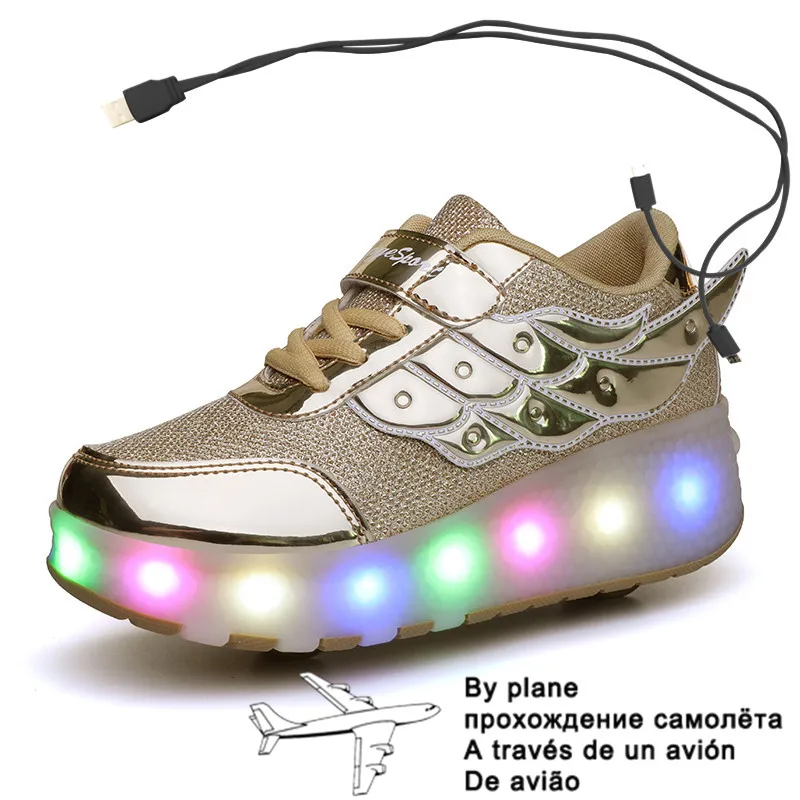 

2021 New Glowing Sneakers on Wheels USB Charging Luminous Shoes Wheels LED Flashing Double Wheels Roller Skates Size 27-40