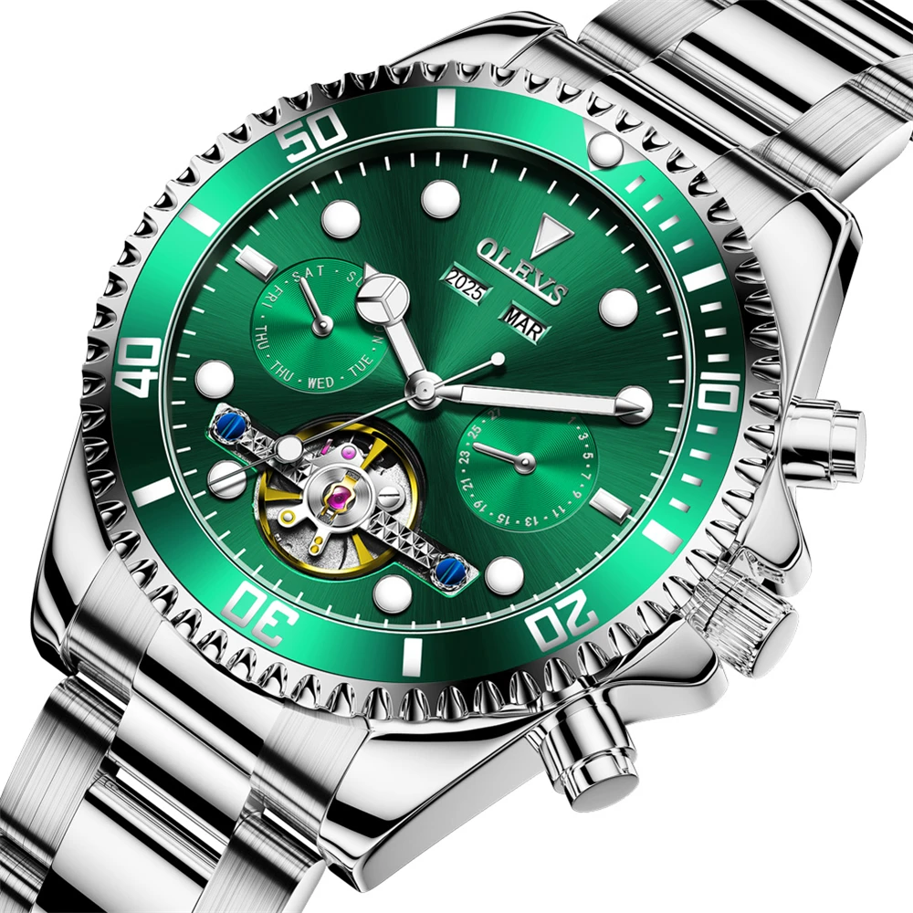 

OLEVS Top Brand Luxury Automatic Tourbillon Watch Diver Waterproof Luminous Men Mechanical Wristwatch Green Watches 6605