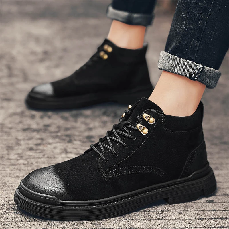 

British style men fashion brogue cowboy boots pig leather bullock shoes outdoors platform ankle boot zapatos de hombre botas man
