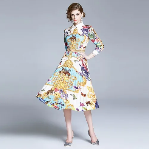 

Fashion Show Ancient Printing Dress Woman Long Sleeve Turn Down Collar Dress Slim Lady Vestidos Slim Elegant Pleated Luxury