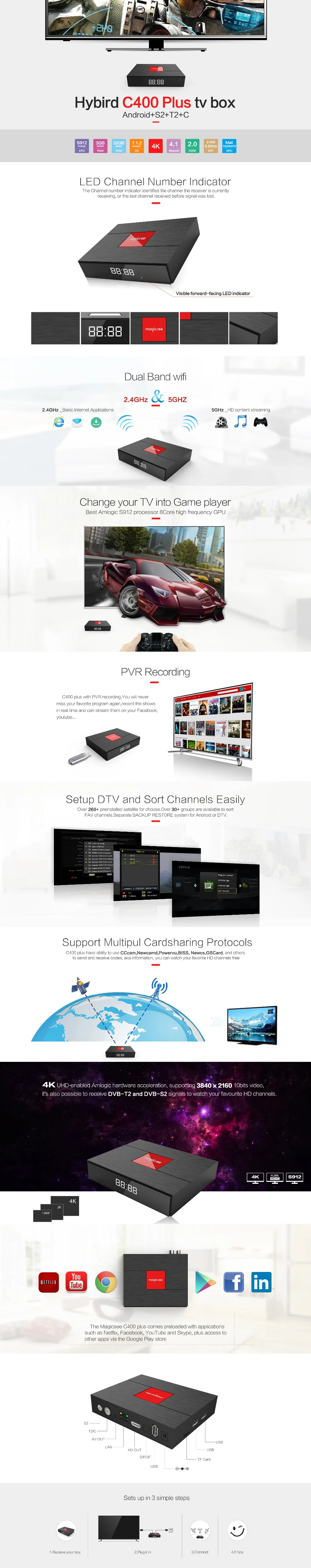 Magicsee C400 Plus Amlogic S912 Восьмиядерный ТВ приставка 3+ 32 ГБ Android 4K Смарт ТВ приставка DVB-S2 DVB-T2 кабель двойной WiFi смарт медиаплеер