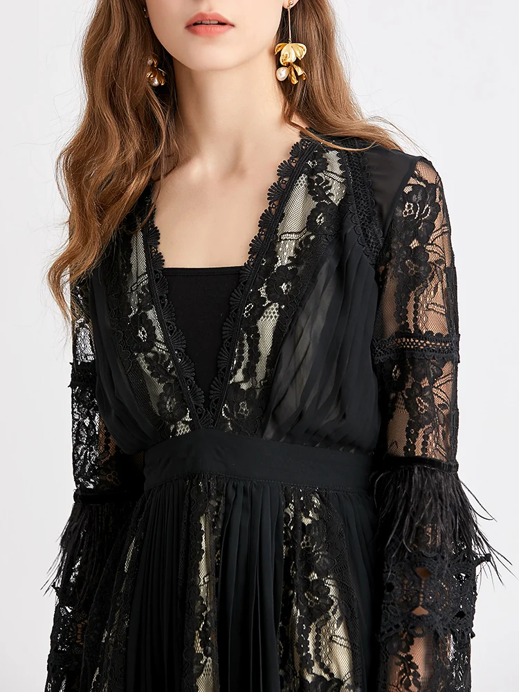 

Tight Firstsong Pleated French Feather tassel Women's Lace Sexy Long dress2021New summer Long sleeve elegant Party Women's dress
