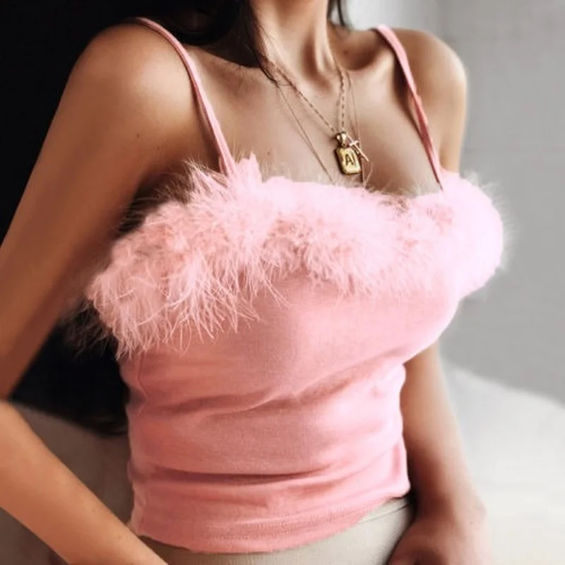 

2021 New Women's Pink Sexy Lace-up Fur Down Strapless Sleeveless Tube Top Strap Vest T-shirt Women's Camisole Sexy Y2k Tops