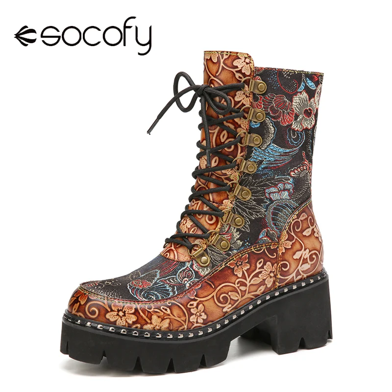 

SOCOFY Retro Style Boots Flowers Cloth Splicing Round Toe Floral Embossed Leather Comfy Short Boots Casual Botas Mujer 2020