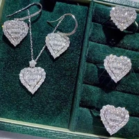 cute heart silver color jewelry set with bling zircon long chain necklace ring drop earrings for women fashion jewelry