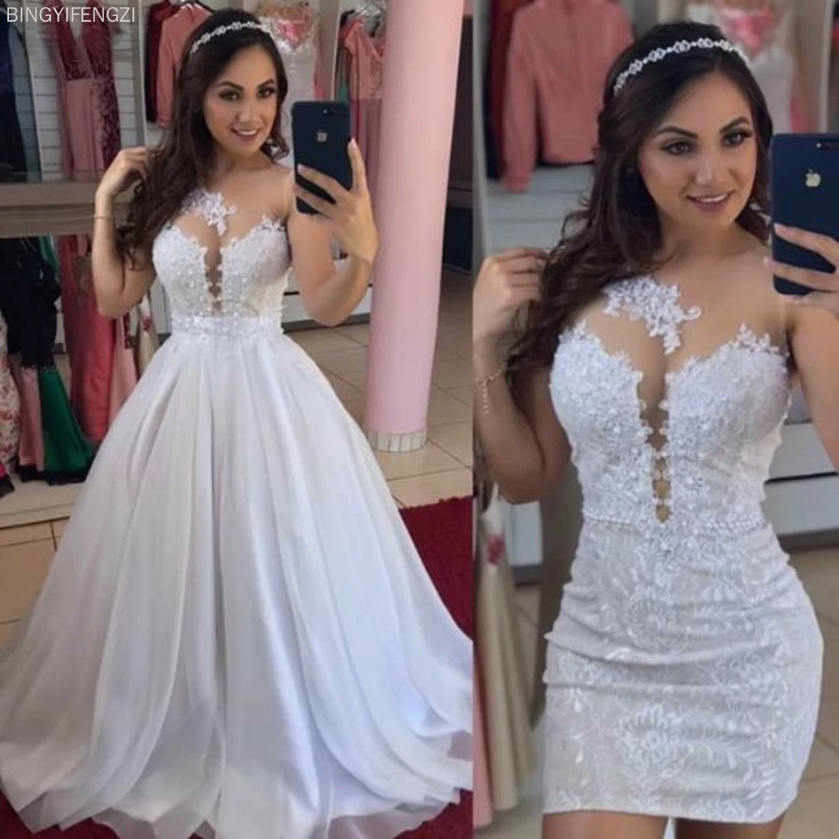 2021 new wedding dress White Detachable Train 2 in 1 Wedding Dresses Pearls Lace Removable Skirt Wedding Gowns Lace skirt ball