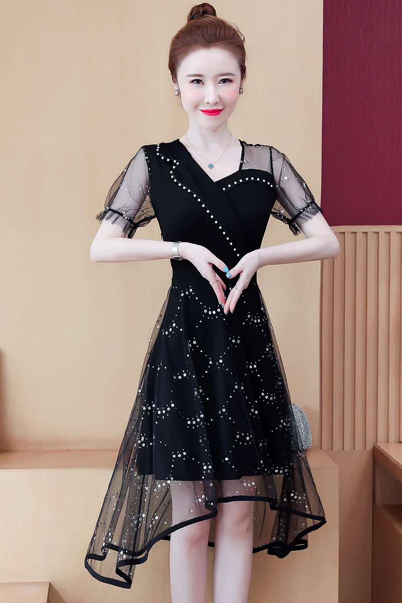 

COIGARSAM 5XL Plus Size Patchwork Women one-piece dress korean Summer Puff Sleeve Dovetail Beading Mesh Dresses 9225