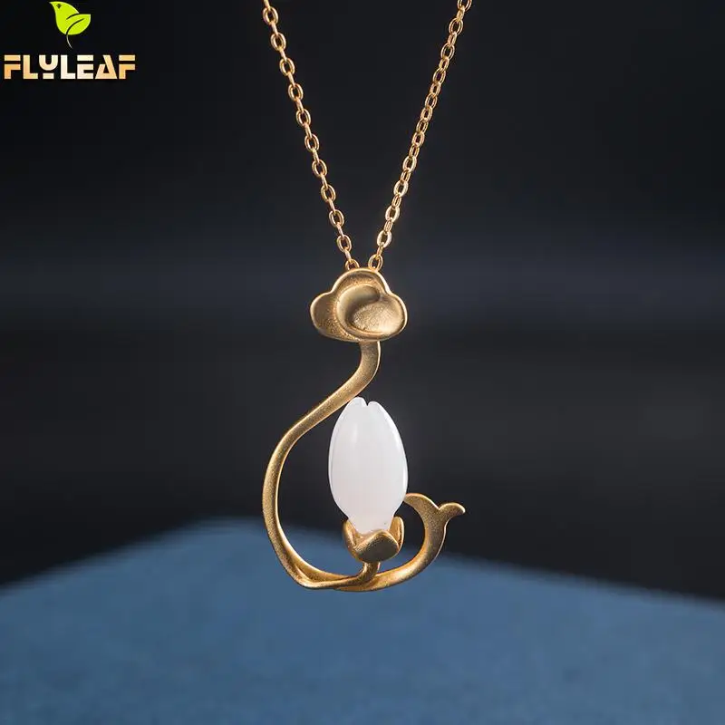 

925 Sterling Silver Jade Magnolia Flower 18k Gold Necklace Women Chinese Style Handmade Luxury Lady Birthday Gift Flyleaf