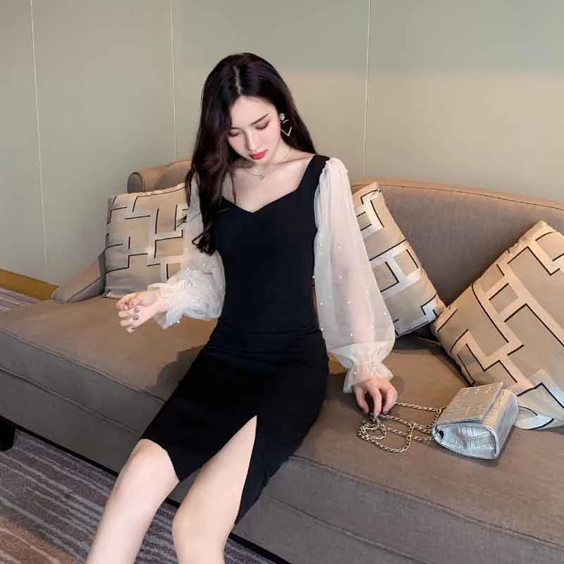 Женское весенне-осеннее платье элегантное черное Сетчатое в стиле пэчворк с