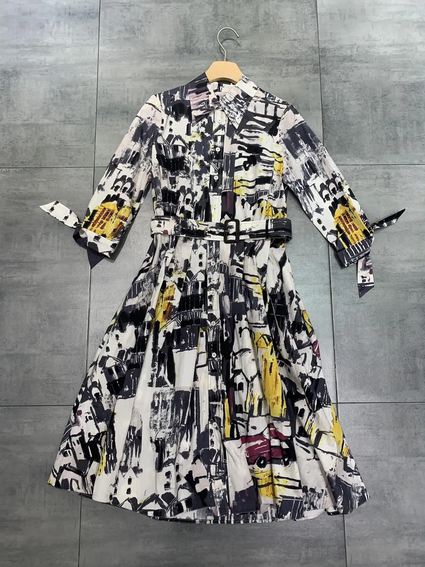 

Модные 2021 новые женские с длинным рукавом; Комбинезон с отворотами и галстук-бабочка; Галстук; Принт; Платье 0308