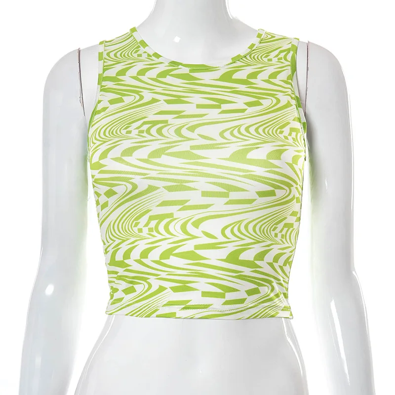 

Women Y2K Vintage Aesthetics Striped Print Tank Tops Streetwear Sleeveless Casual O-neck Crop Tank Sexy Vests For Summer