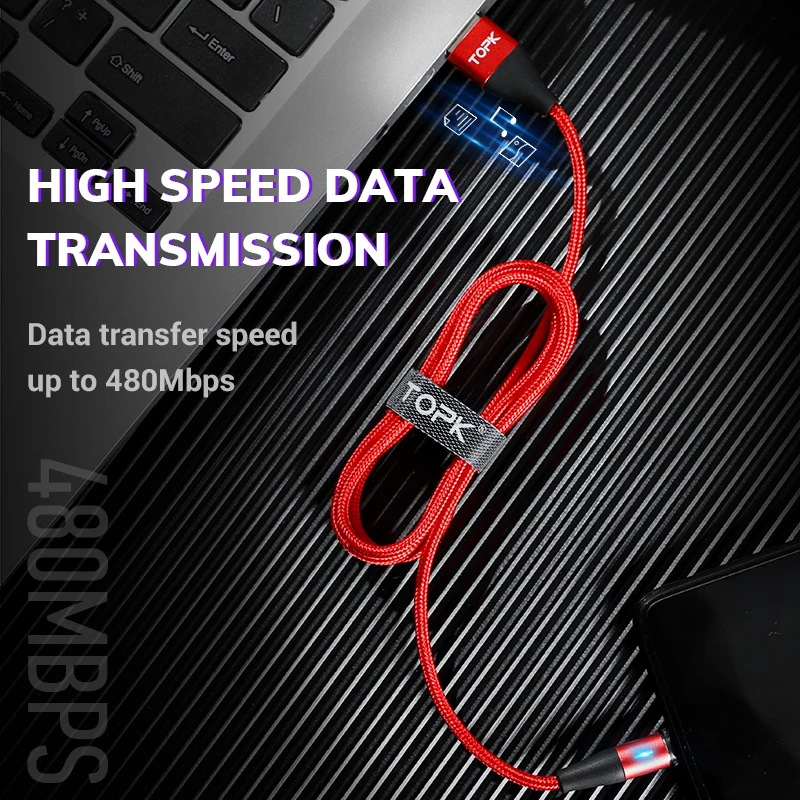 Магнитный usb кабель TOPK 1 м 3 А для быстрой зарядки и передачи данных iPhone Xs Max