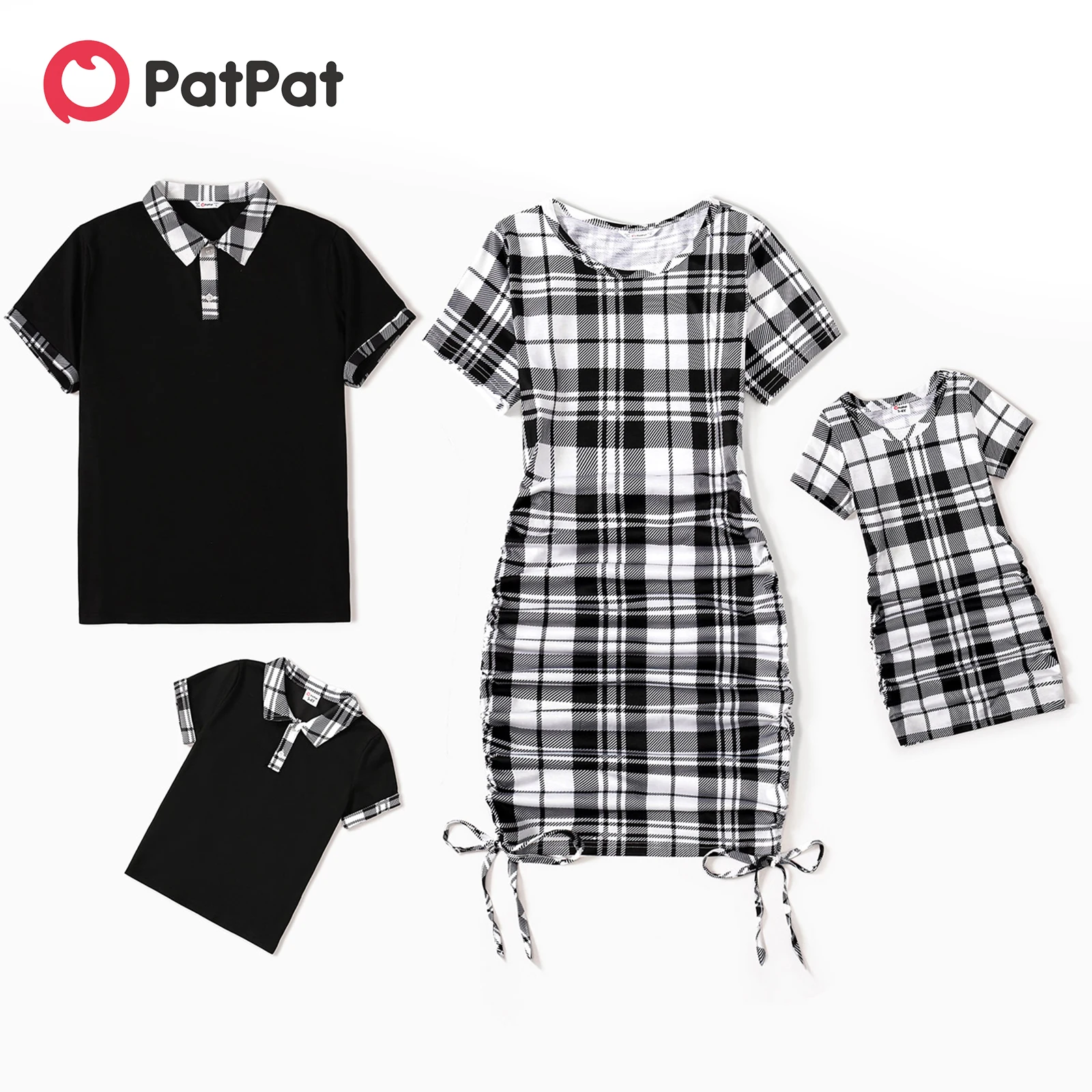 

PatPat Family Matching Black Plaid Ruched Drawstring Mini Bodycon Dresses and Polo Shirts Sets