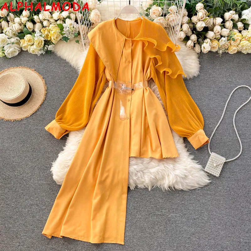 

ALPHALMODA 2021 Spring Irregular Shirt Belted Ruffled Fashion Blouse Women Solid Color Belted Stylish Vintage Chiffon Shirt