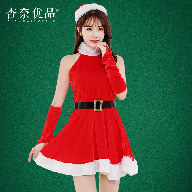 Рождественский костюм женский взрослый милый сексуальный красный бархатный